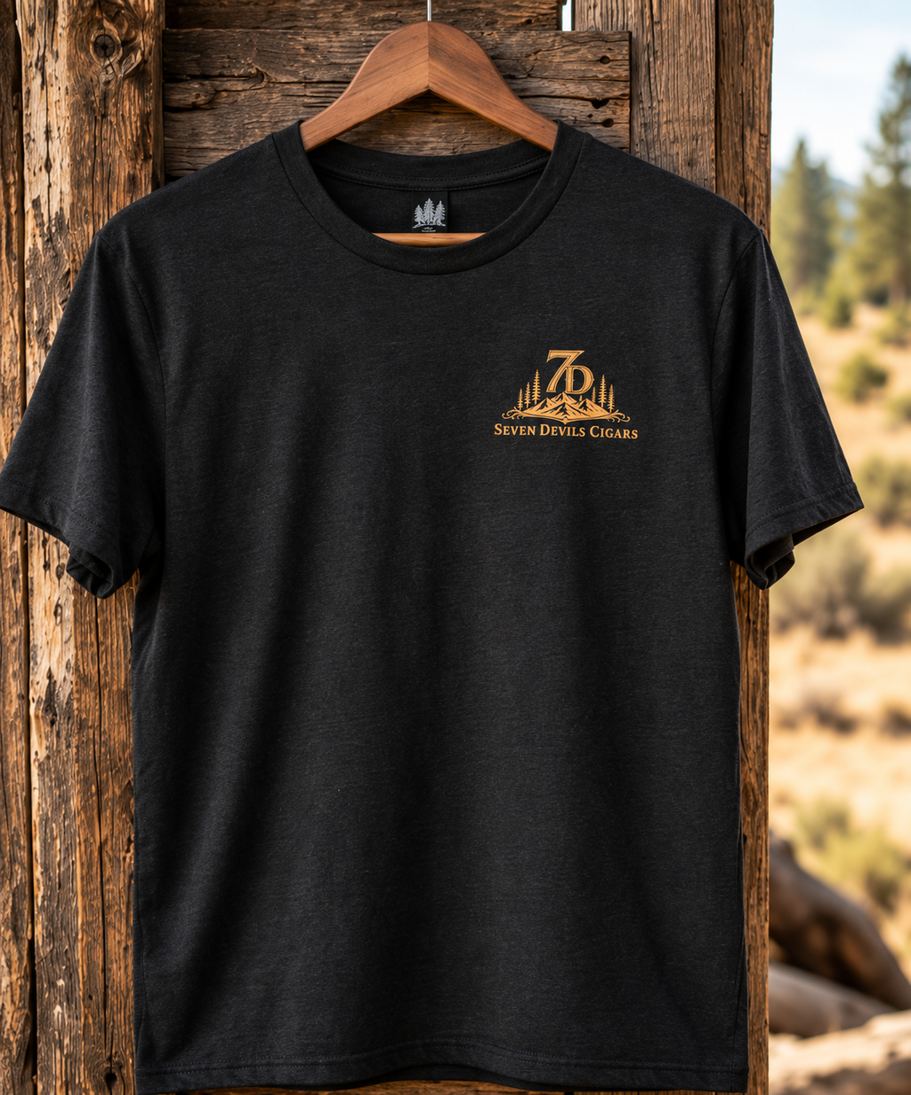 Seven Devils Cigars logo T-shirt in charcoal gray, showing the front design