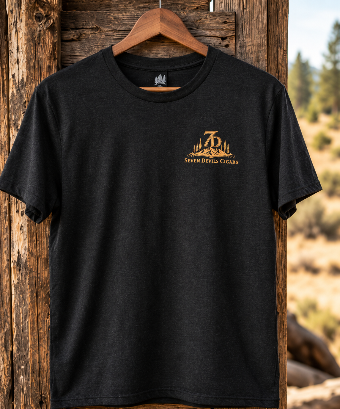 Seven Devils Cigars logo T-shirt in charcoal gray, showing the front design