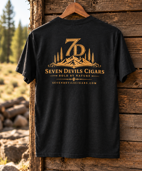 Seven Devils Cigars logo T-shirt in charcoal gray, showing the back design